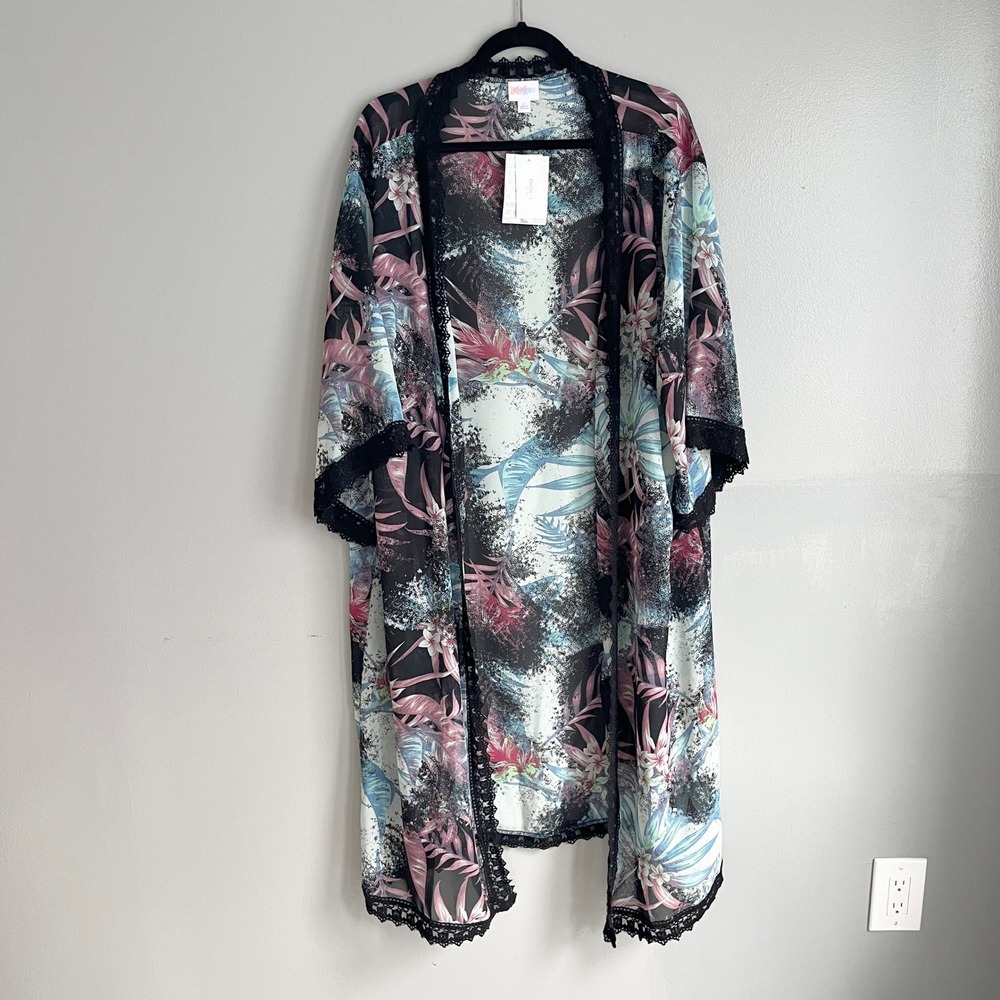 LuLaRoe Chloe Kimono Large Sheer Multicolor NWT Tropical Floral Lace Trim Beach